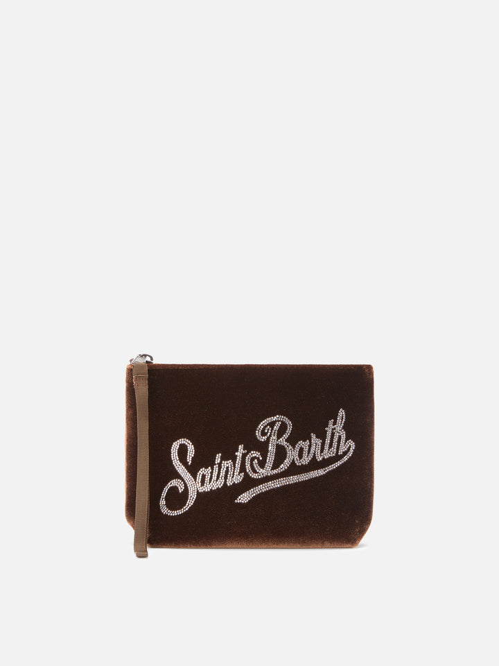 Aline Velvet Pouch in camel velvet with rhinestones