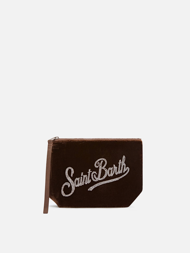 Bronze Aline velvet pochette with rhinestone logo