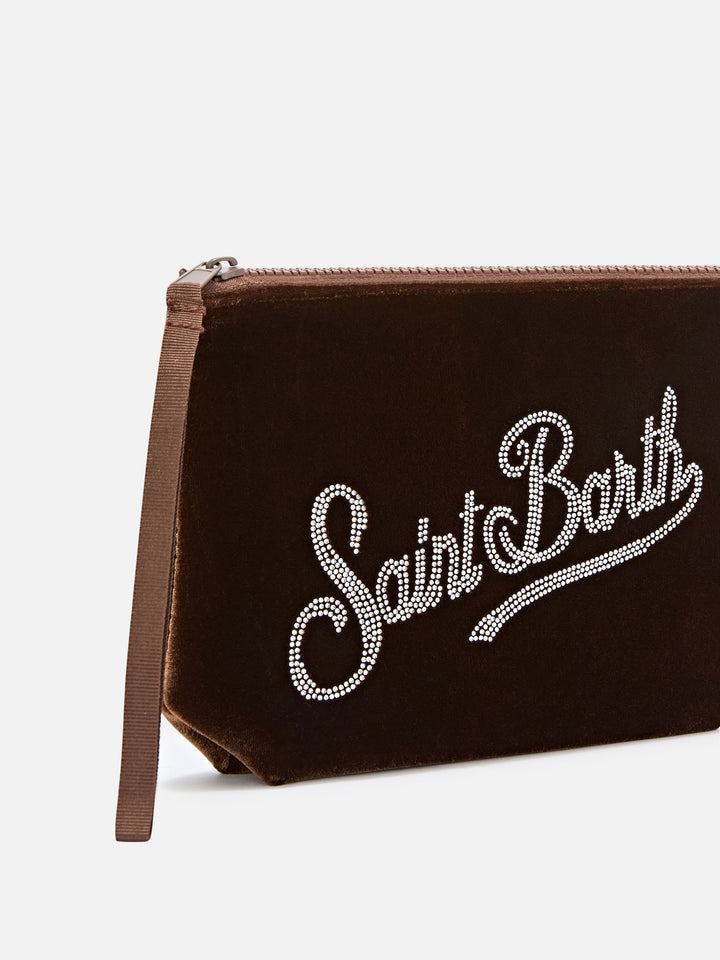 Bronze Aline velvet pochette with rhinestone logo