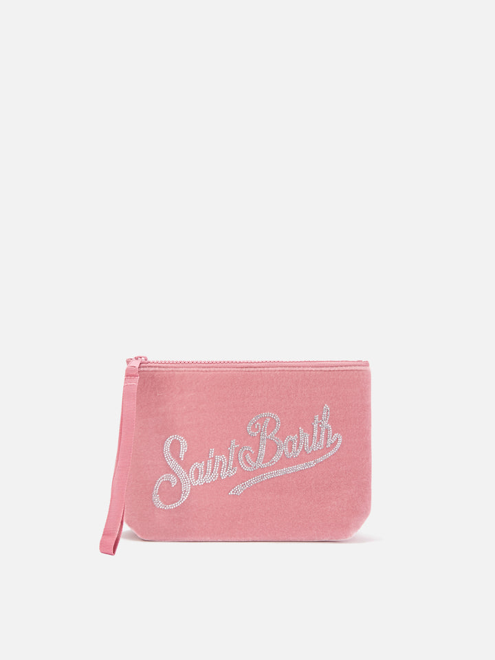 Pink Aline velvet pochette with rhinestone logo