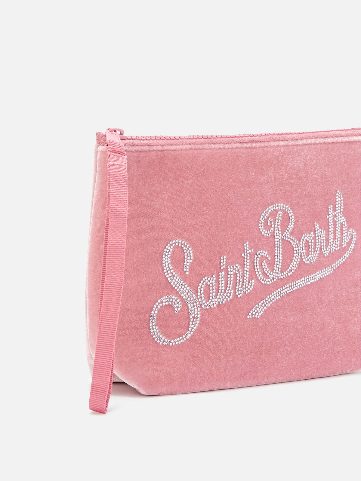 pochette de terciopelo rosa Aline con logo de strass 