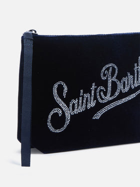 Aline blue velvet-effect scuba pouch with rhinestone logo