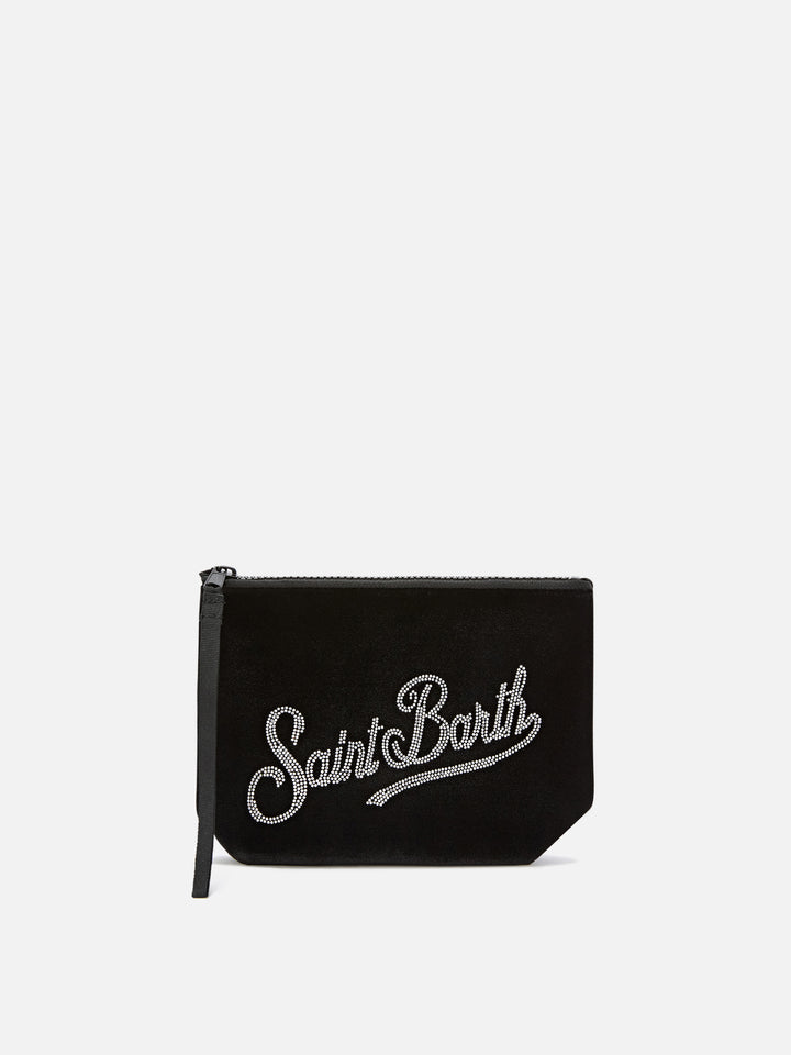 Black Aline velvet pochette with rhinestone logo
