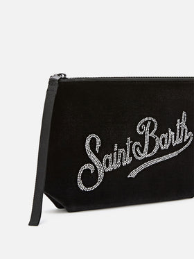 Schwarzes Aline aus Samt pochette mit Strasslogo 