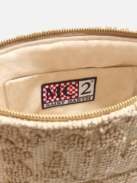 Pochette Aline in cotone beige con ricamo tufting