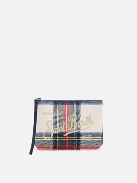 Aline Wollmischung pochette mit Tartanmuster und Logostickerei 