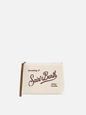 Beige Aline teddy pochette with brown logo embroidery