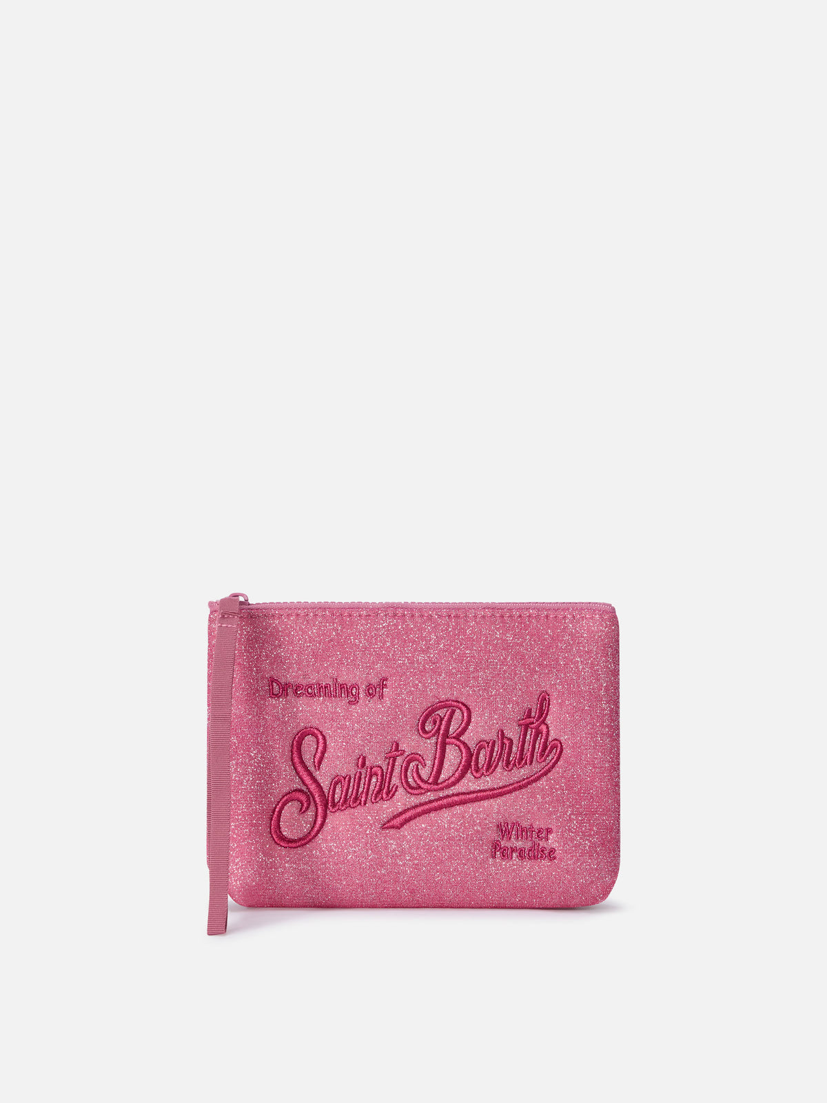 Bikini de lurex pochette fucsia Aline con bordado del logo 