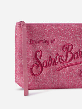 Bikini de lurex pochette fucsia Aline con bordado del logo 
