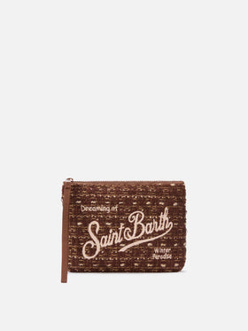 Aline de tweed marrón pochette con bordado del logo 