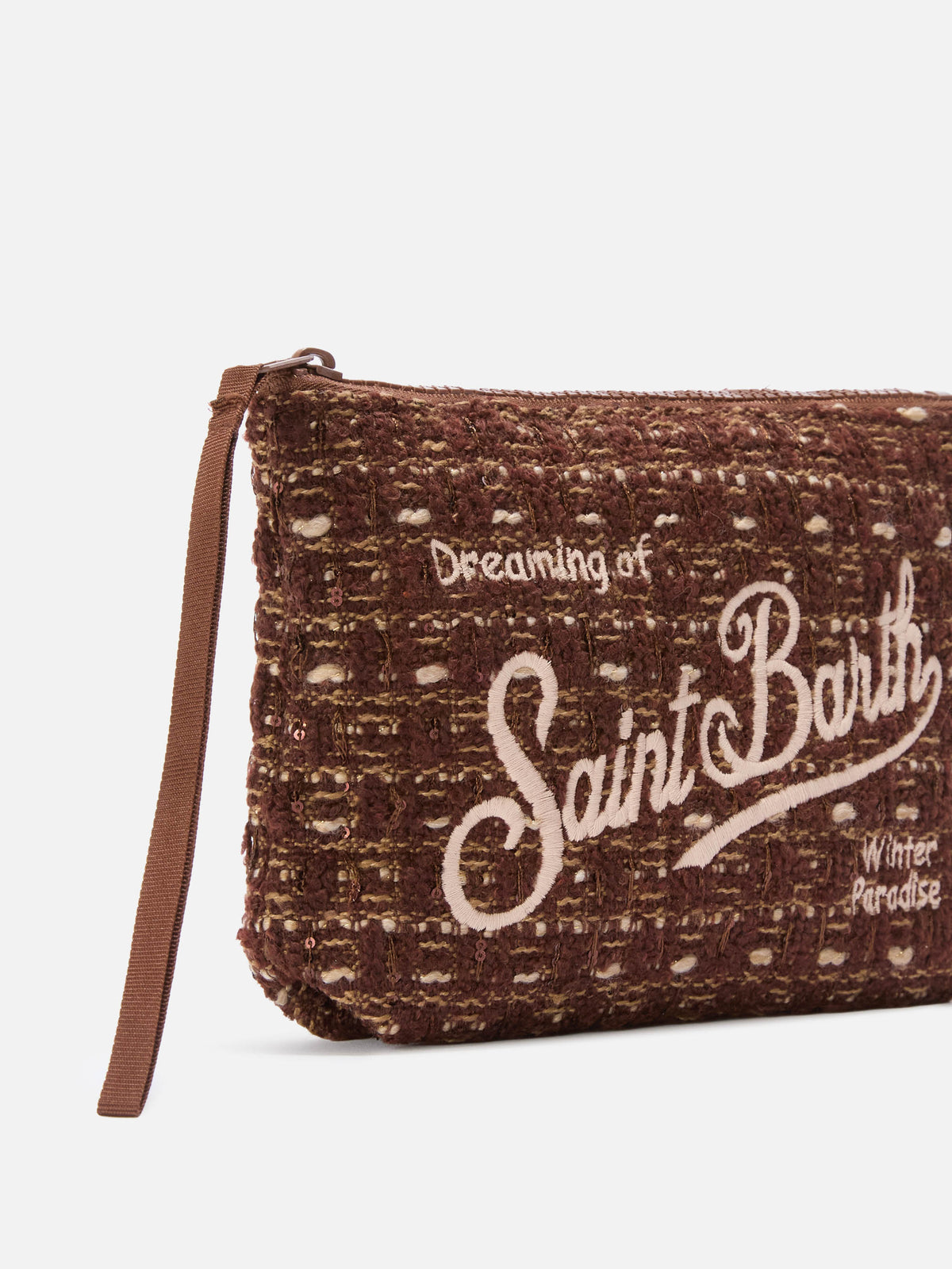 Aline de tweed marrón pochette con bordado del logo 