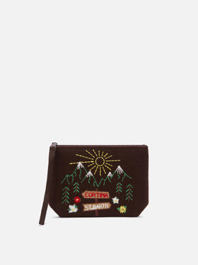 Sombrero Aline de fieltro marrón pochette con paisaje de montaña bordado 