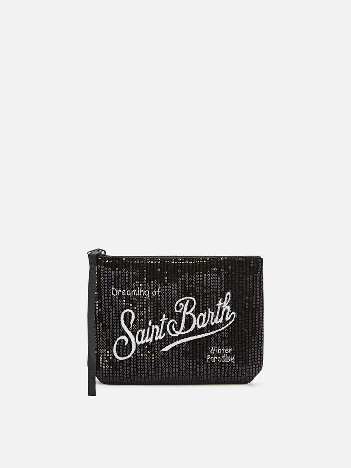 Black Aline velvet pochette with sequins and logo embroidery