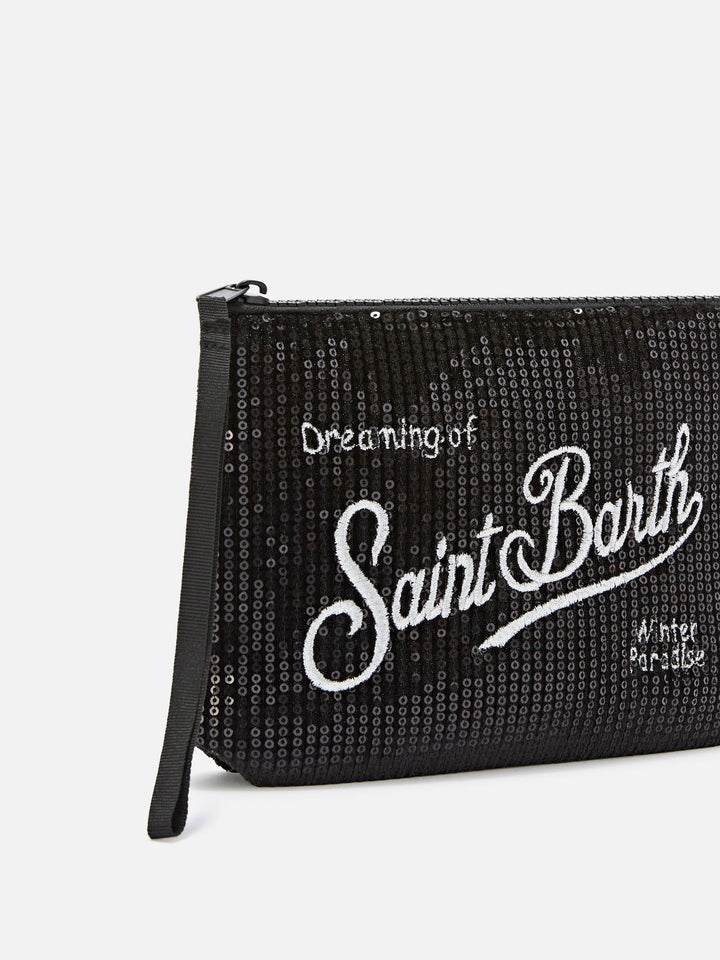 Black Aline velvet pochette with sequins and logo embroidery