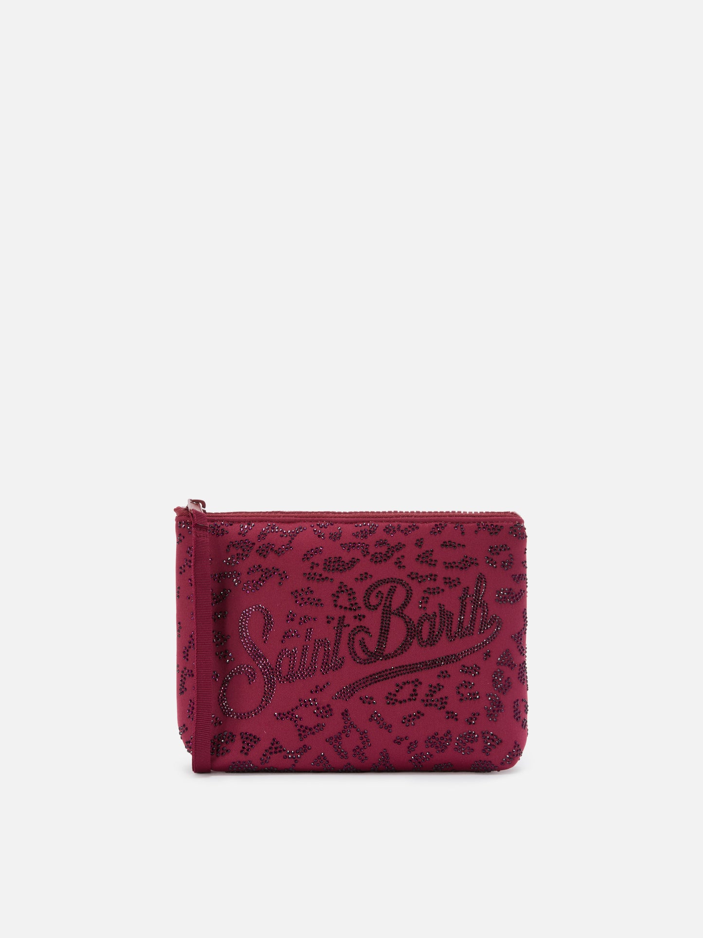 Pochette Aline in scuba con stampa leopardata e strass applicati
