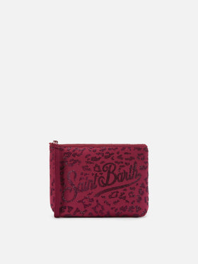 Pochette Aline in scuba con stampa leopardata e strass applicati