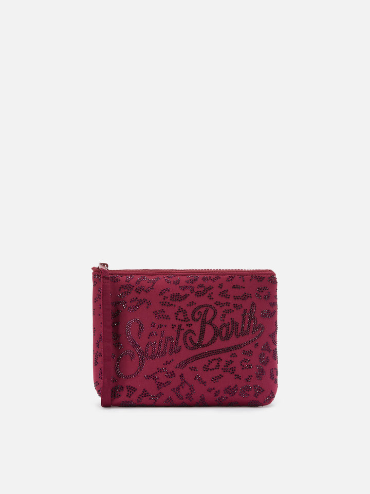 Aline scuba pouch with leopard print and applied rhinestones