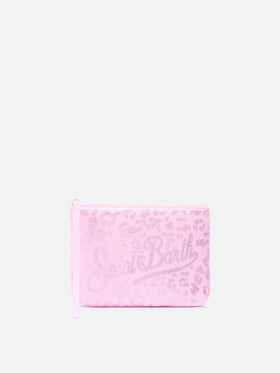Pochette Aline in scuba con stampa leopardata e strass applicati