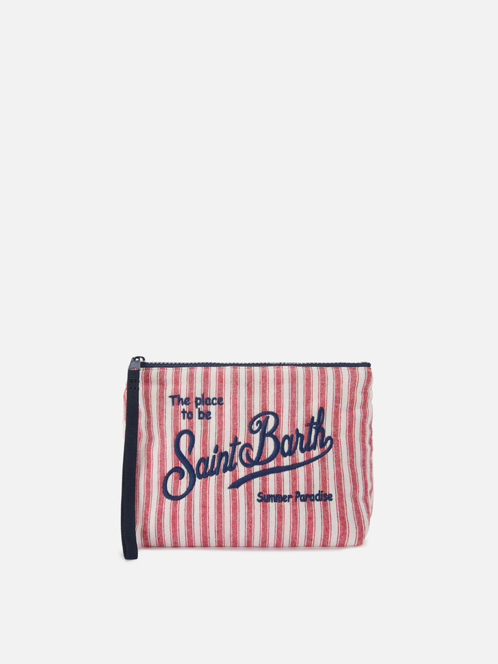 Aline red and white narrow striped cotton pouch