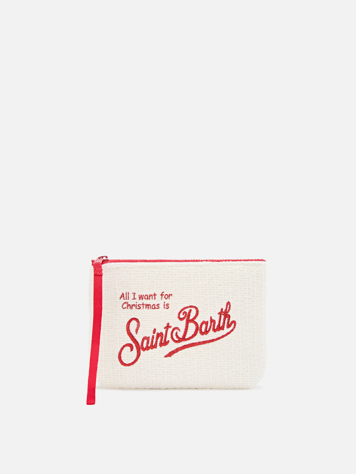 Off white Aline tricot pochette with Merry Christmas embroidery