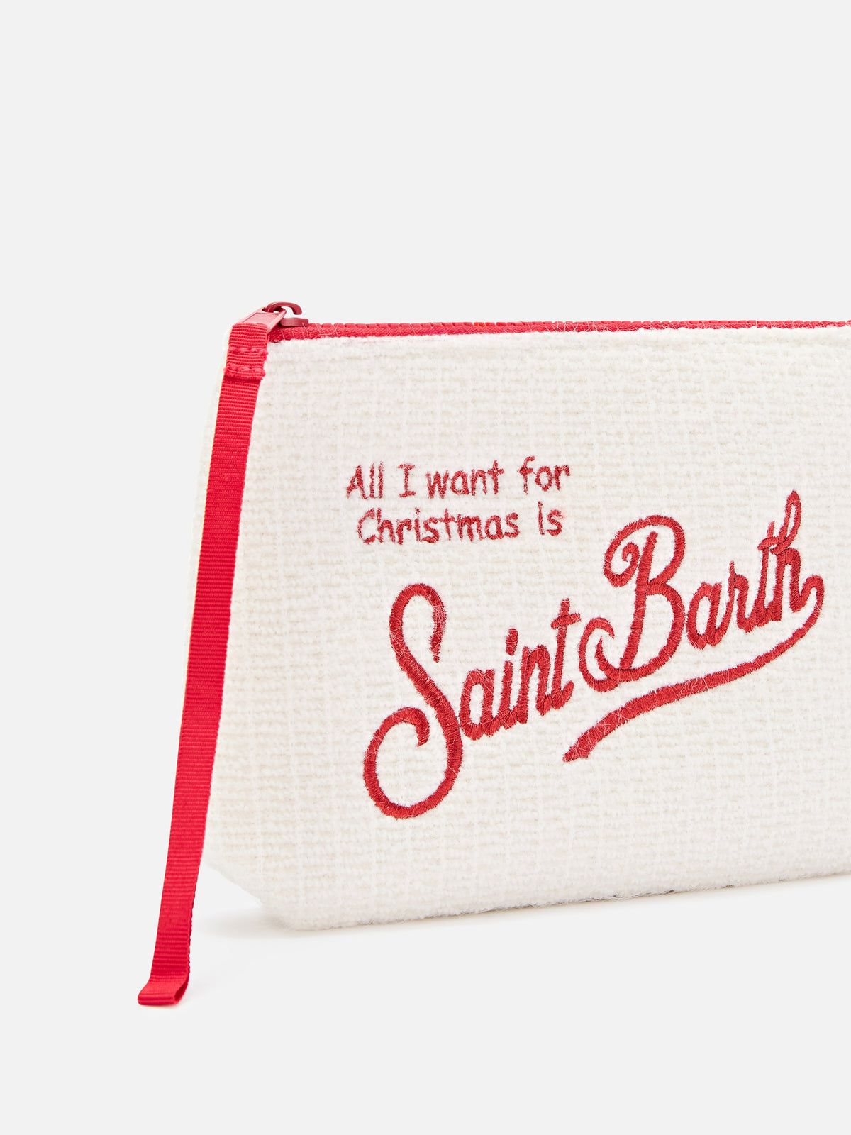 Off-white-Aline-Tricot pochette mit „Merry Christmas“-Stickerei 