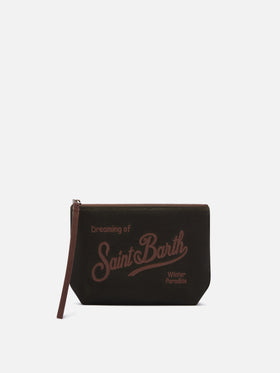 Aline encerado pochette verde militar con bordado del logo 