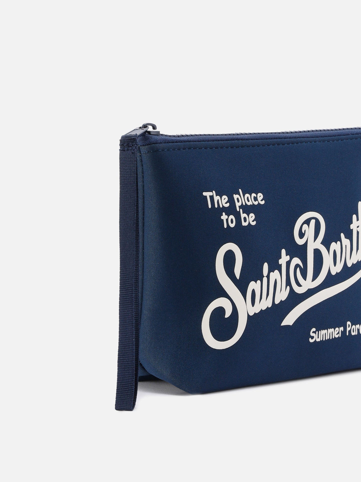 Pochette Aline in scuba blu navy con logo stampato