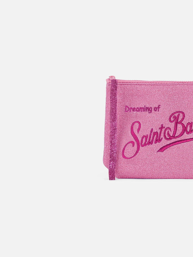 Pink lurex pochette Aline with logo embroidery