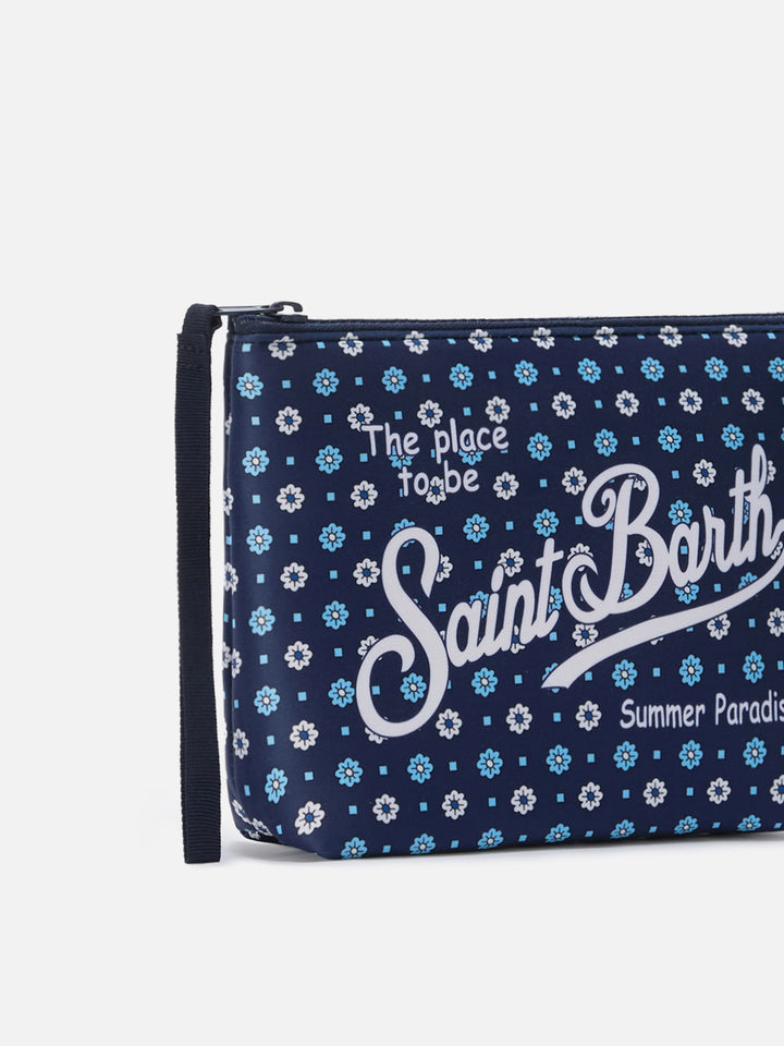 Pochette Aline in scuba blu con stampa a fiori all-over