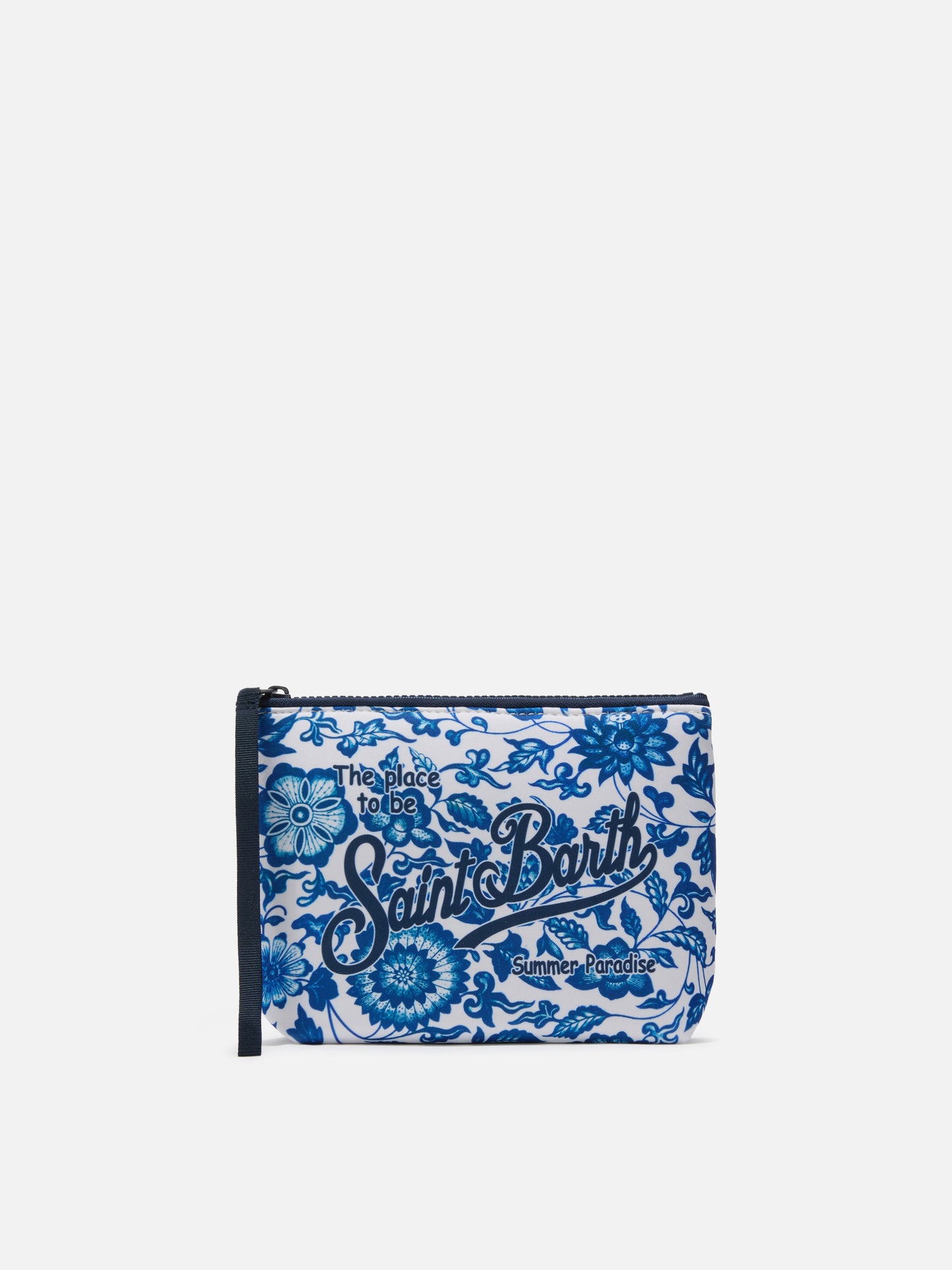 Aline scuba pouch with blue floral majolica print