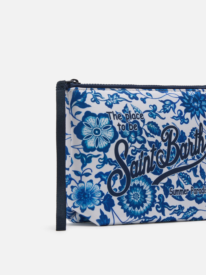Aline scuba pouch with blue floral majolica print