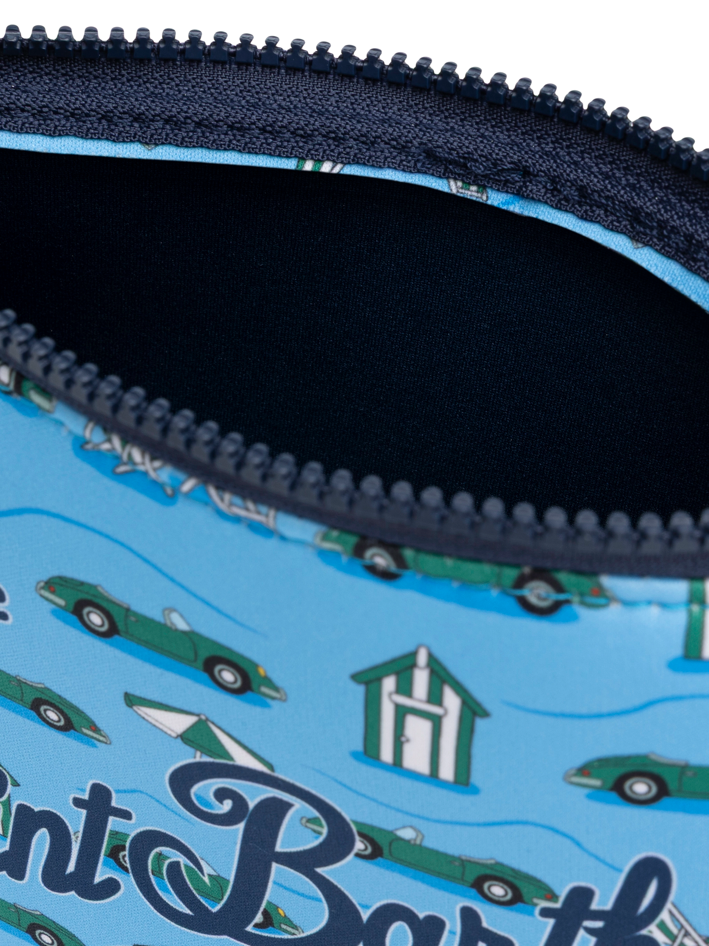 Aline scuba pochette with cars and beach huts print