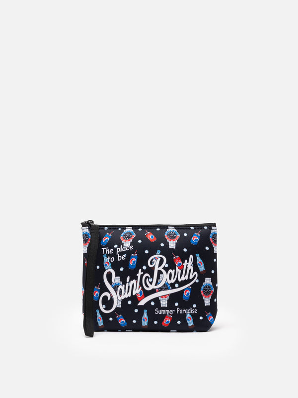 Aline scuba pochette with watch and drink  print