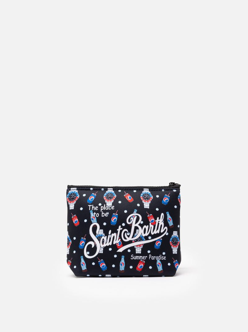 Aline scuba pochette with watch and drink  print