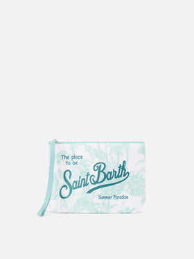 Aline scuba pouch with green Toile de Jouy print