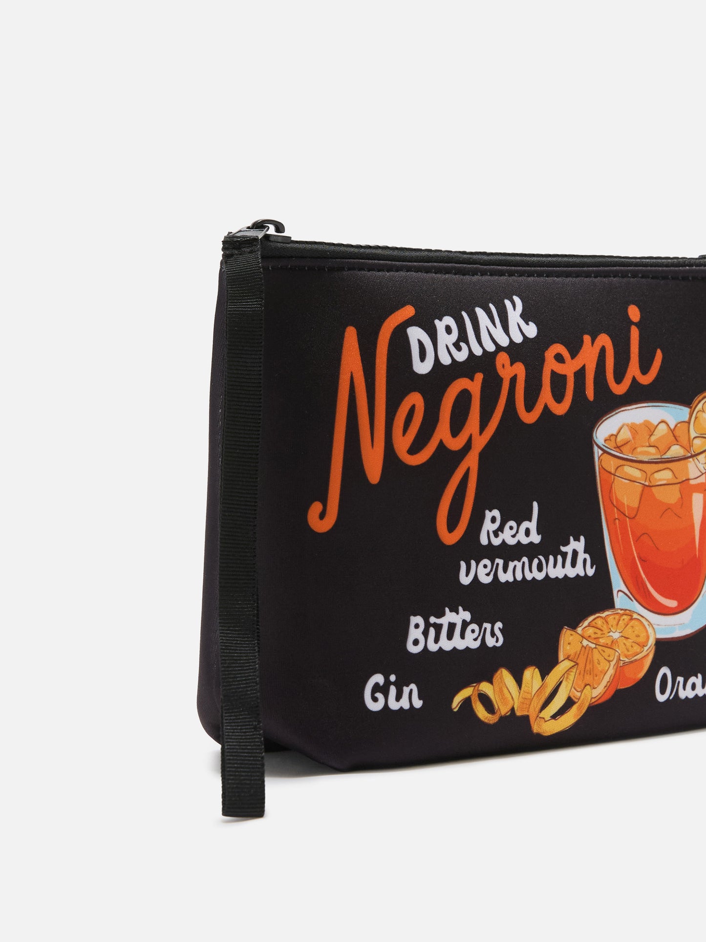 Aline black scuba pouch with Negroni recipe print