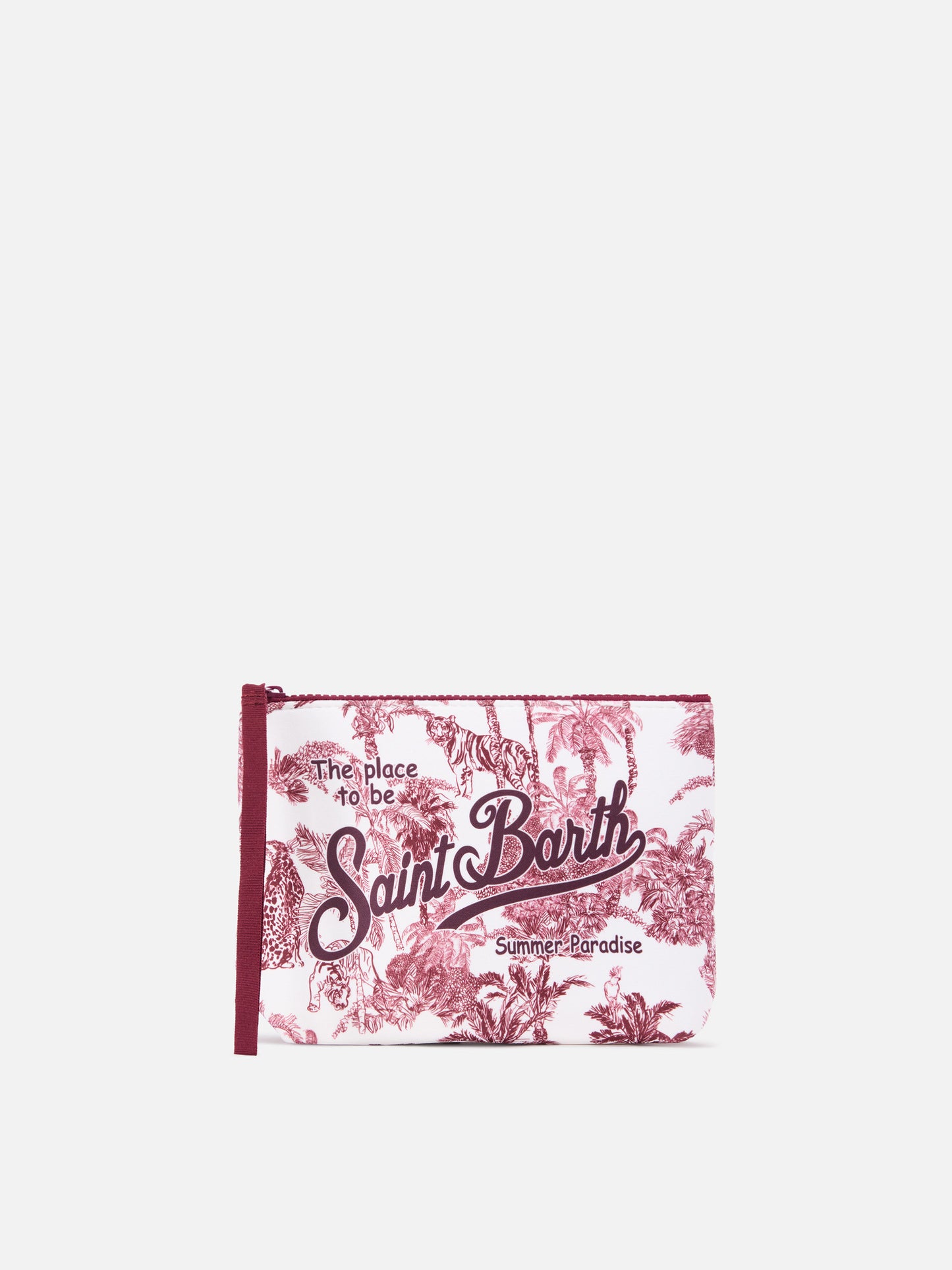 Aline scuba pouch with burgundy Toile de Jouy print