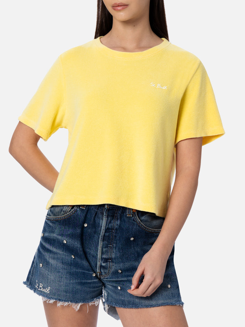 Woman pale yellow terry cotton crewneck t-shirt Emilie