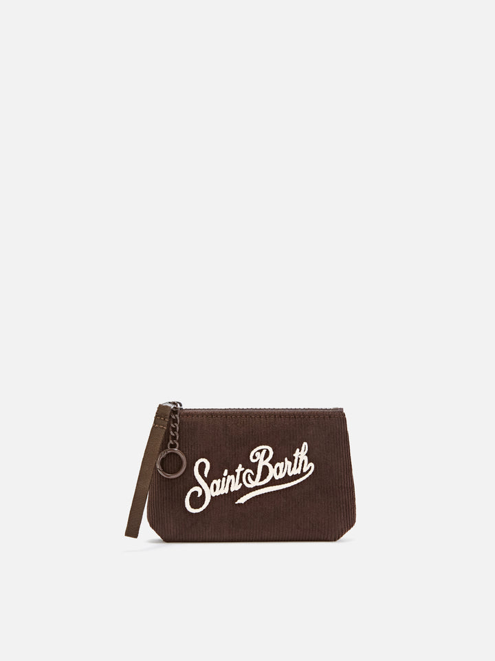 pouch de pana marrón Mini Aline con bordado del logo 