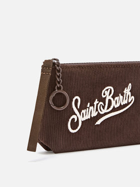 pouch de pana marrón Mini Aline con bordado del logo 
