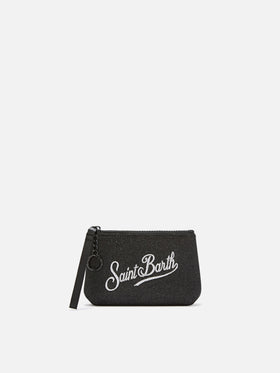 Bikini mini negro Aline de lurex pouch con bordado del logo 