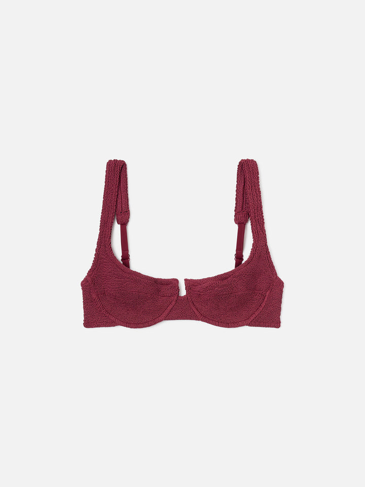 Top bikini Amira balconette in tessuto crinkle bordeaux
