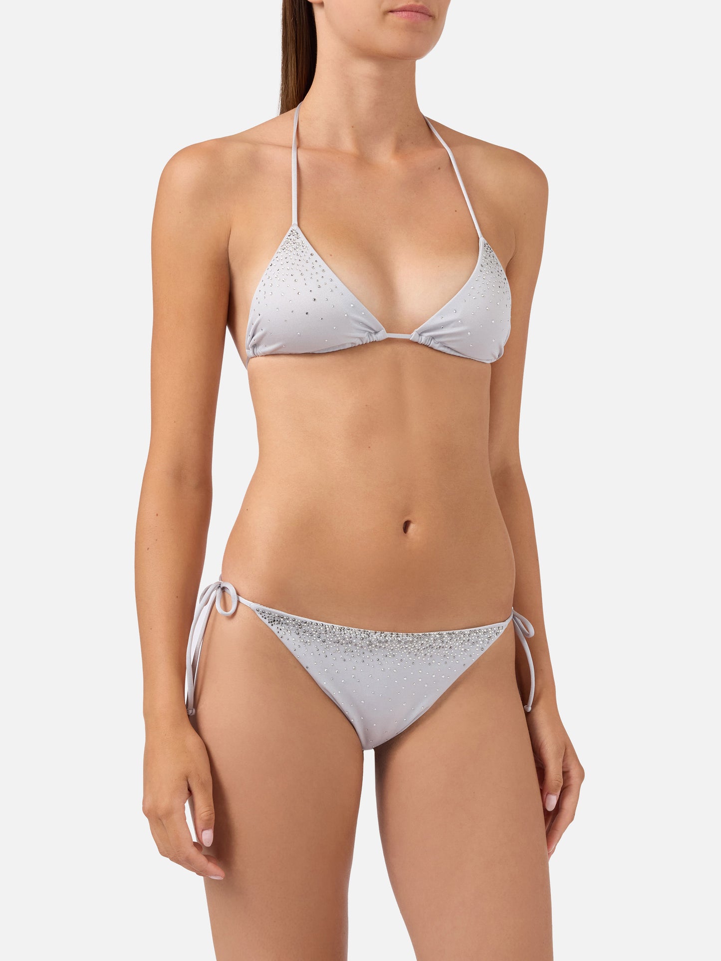 Annabelle Virgo silver glossy finish bikini with rhinestone details