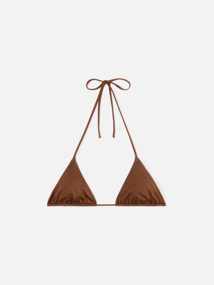 Top bikini Annabelle triangolo marrone con dettagli strass applicati
