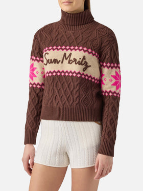 Maglione Anton intrecciato marrone con collo a mezza dolcevita