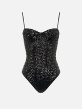 Woman black one-piece swimsuit Apolline with sequins