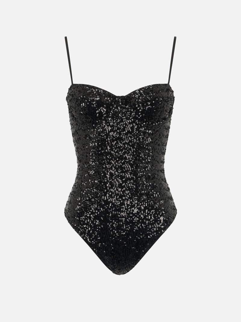 Woman black one-piece swimsuit Apolline with sequins