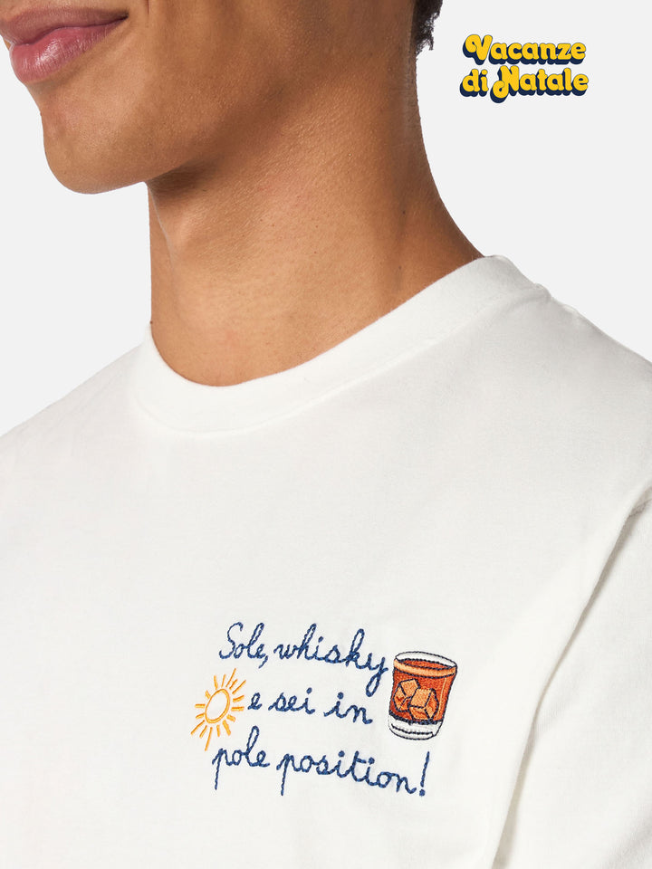 T-shirt da uomo in cotone pesante Arnott con ricamo Sole, whisky e sei in pole position | VACANZE DI NATALE EDIZIONE SPECIALE
