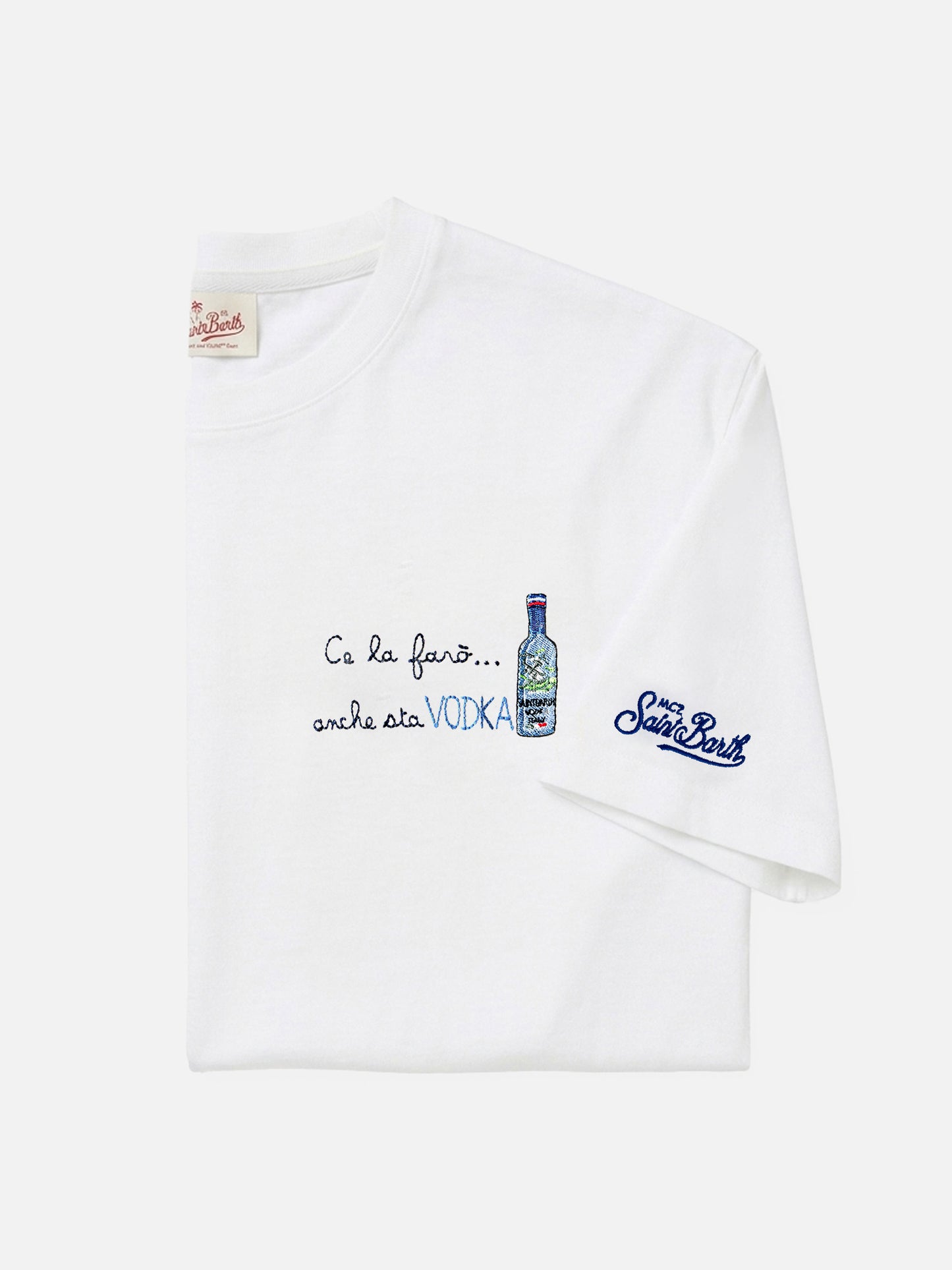 Arnott cotton T-shirt in white with Ce la farò anche sta Vodka embroidery
