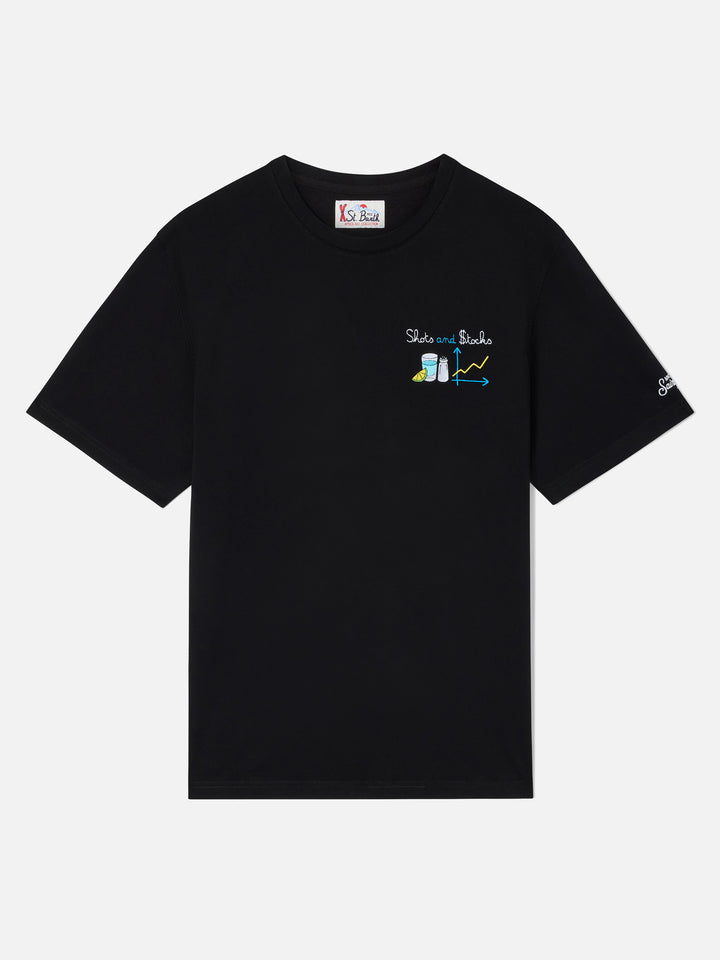 Arnott t-shirt in black with Shots and $tocks embroidery
